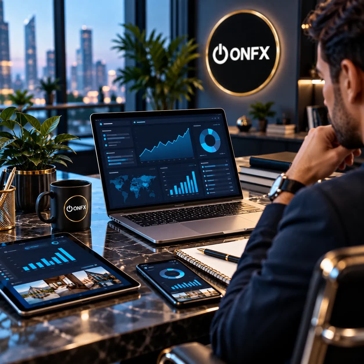 Site imobiliário em monitor, notebook e celular