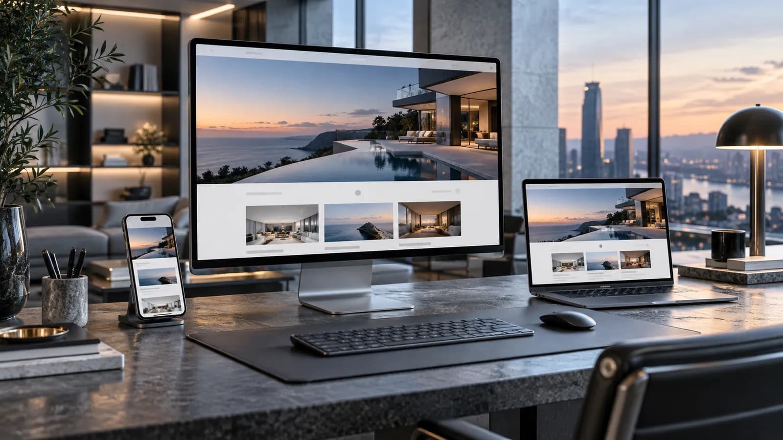 Site profissional criado pela ONFX, agência de Caraguatatuba, em monitor, notebook e celular