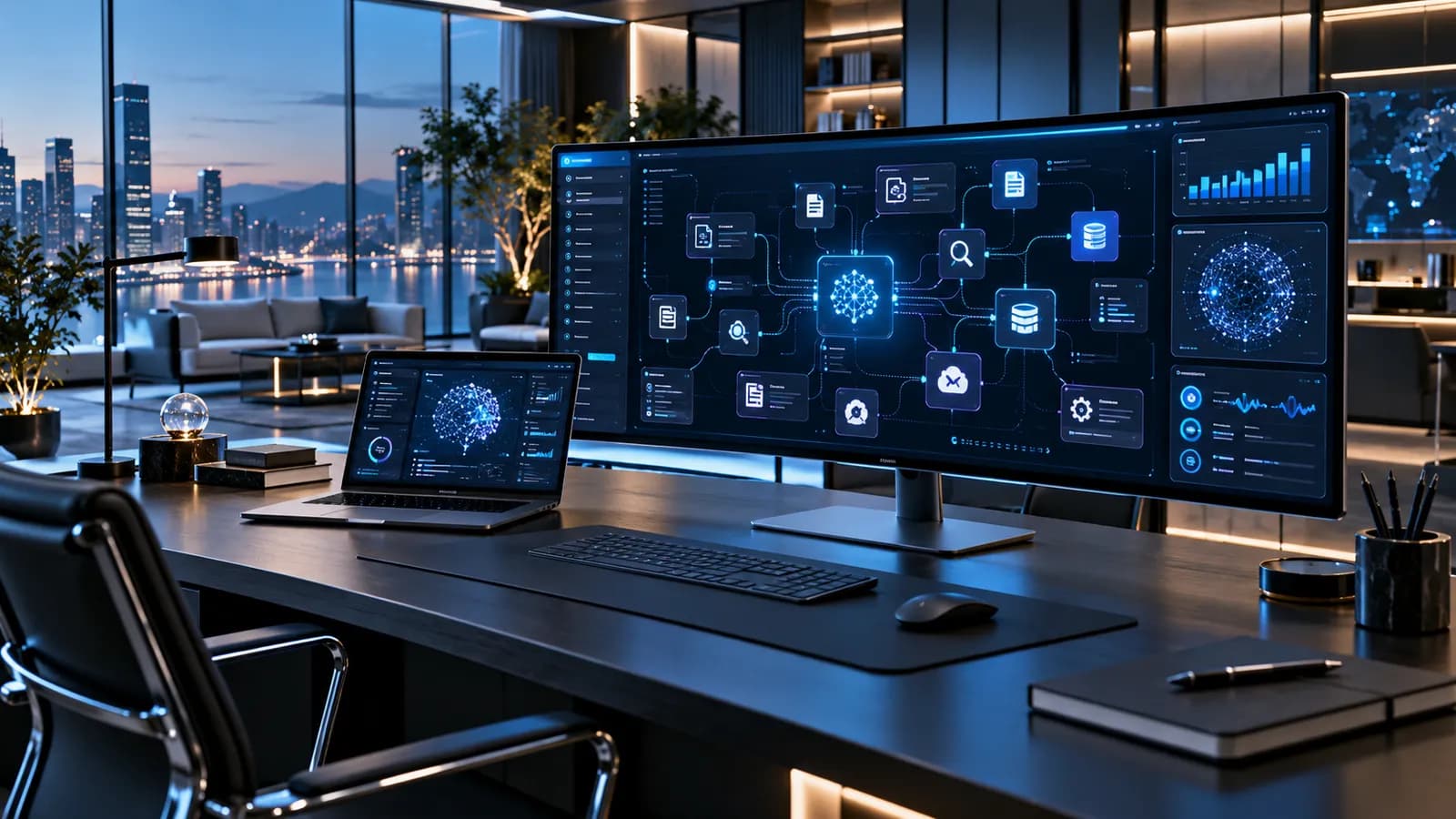 Fluxo de inteligência artificial conectando dados e serviços
