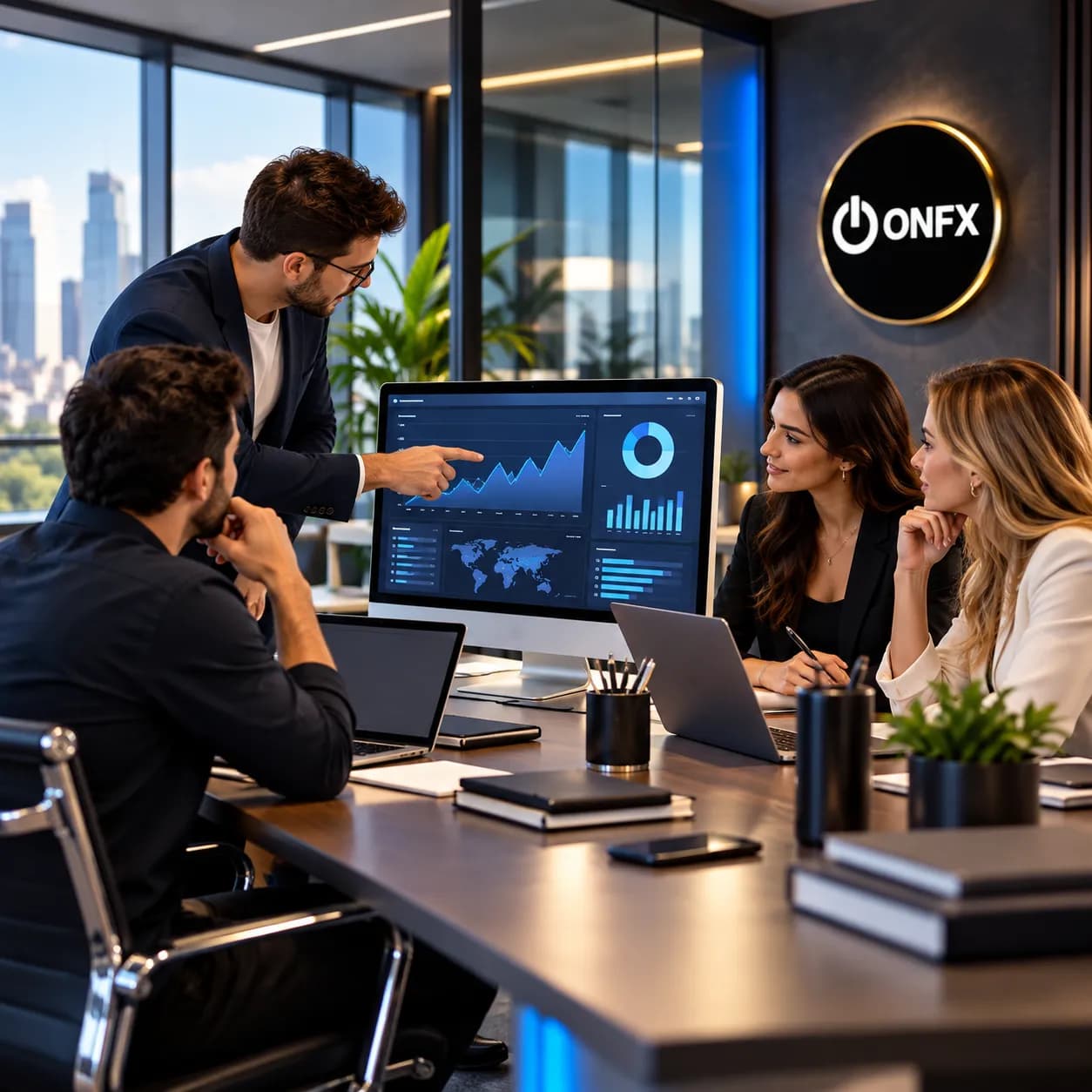 Equipe ONFX analisando resultados em reunião