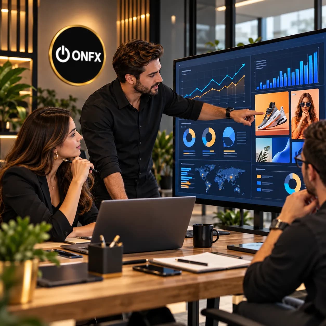 Estrategista da ONFX apresentando métricas