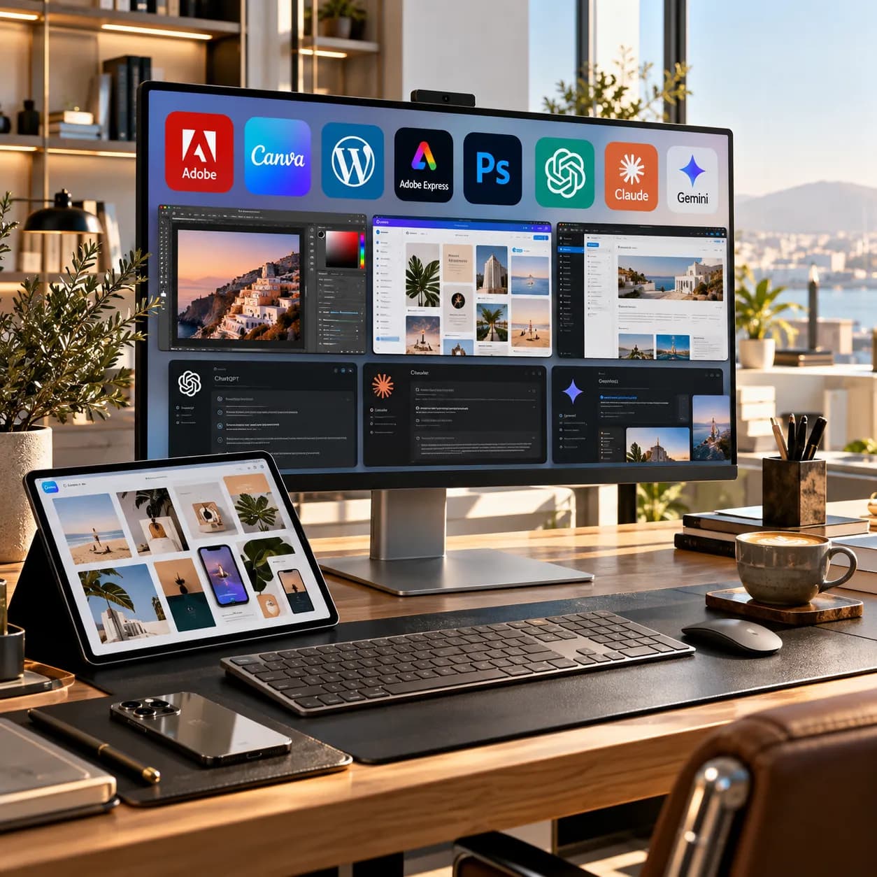 Monitor com ferramentas de design e inteligência artificial